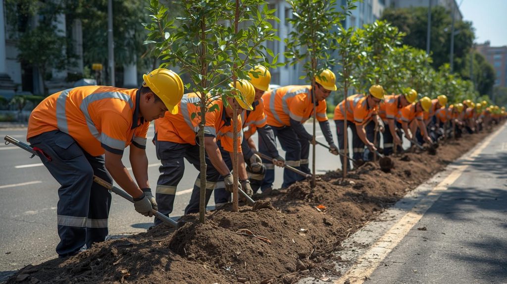 Công nhân trồng cây trên công trình giao thông